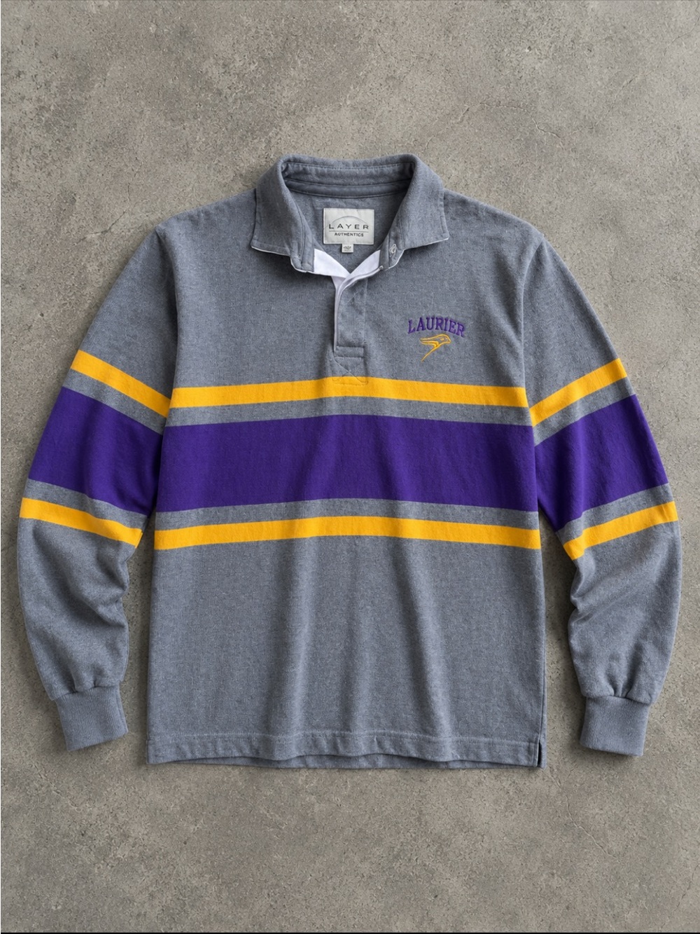 Y2K Laurier Golden Hawks Rugby Shirt XS Gray Purple Gold Striped Cotton Preppy